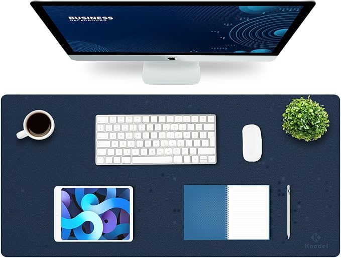 K KNODEL Extra Large Desk Mat, Leather Mouse Pad (35.4"x17", Dark Blue) | Desk Pad, Keyboard Pad, Computer and Laptop Mat, Desktop Protector and Cover, Writing Pad and Blotter for Home Office