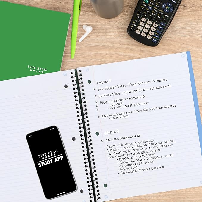 Five Star Advance Spiral Notebook + Study App, 1 Subject, College Ruled Paper, 8-1/2" x 11", 100 Sheets, Spiral Guard, Movable Tabbed Dividers, Pacific Blue (820012D-ECM)