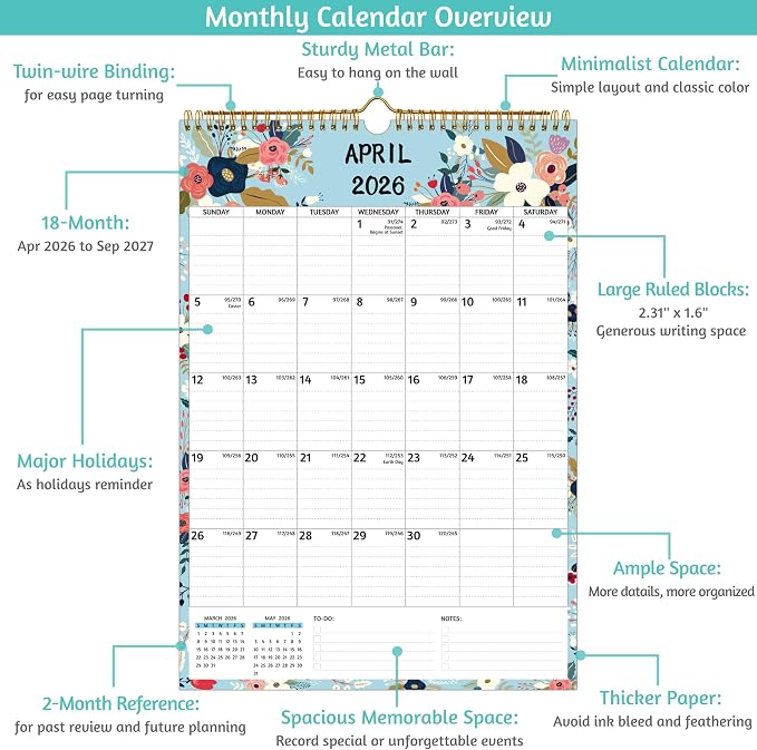 Wall Calendar 2026-2027 – Apr.2026 - Sep.2027, Calendar 2026-2027 Wall, 18 Monthly Calendar, 12 x 17 In, 2026-25 Calendar with Large Blocks, Thick Paper, Holidays, To-do ＆ Notes, Great for Organizing
