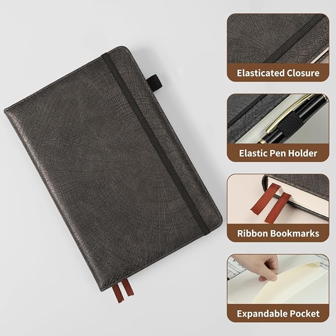 Blank Journal Notebook,256 Pages,A5 Size (5.7'' x 8.3''),Vintage Tree Growth Rings Leather Hardcover Journal,100 GSM Thick Paper,for Daily,Work,School,Note Taking(Black)