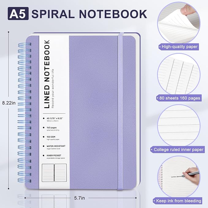 ABERLLS Lined Spiral Journal Notebook with 160 Pages, 8×5.7in, A5 Spiral Notebook, Journaling Notebooks for Work, School, Women, Men, College Ruled Spiral Notebook, Hardcover Leather Journals, Purple