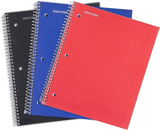 Mintra Office Durable Spiral Notebook - 2 Subject (College Ruled 3pk, Black, Blue, Red)