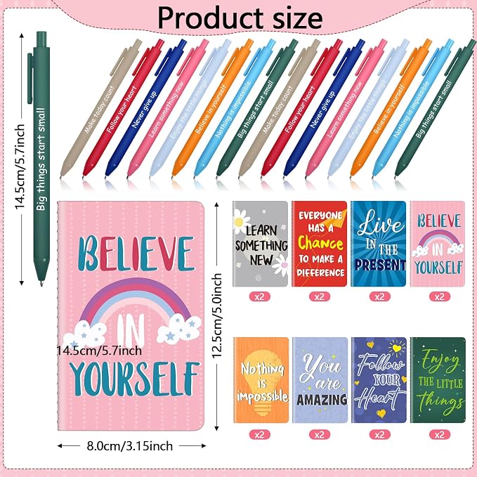 Funrous 32 Pcs Motivational Quote Pens Inspirational Notepads Mini Journal with Ballpoint Pen Small Notebooks Gift for Men Women Coworker Adult Party Favors Prize Teacher Student Office(Vibrant)