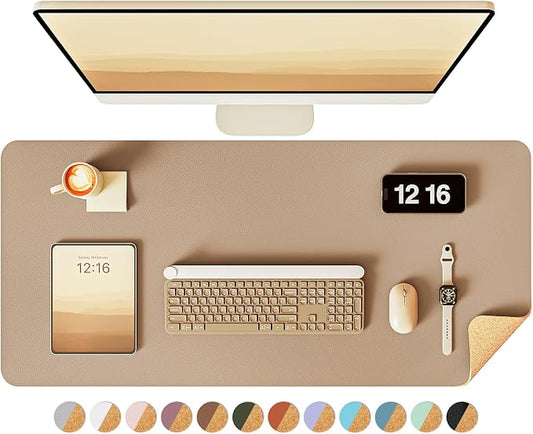 YSAGi Double-Sided Desk Pad, 35.4"x17"Leather Desk Mat, Eco Cork Desk Pad Protector,Large Mouse Pad,Waterproof Desk Blotter for Office/Home(Apricot)
