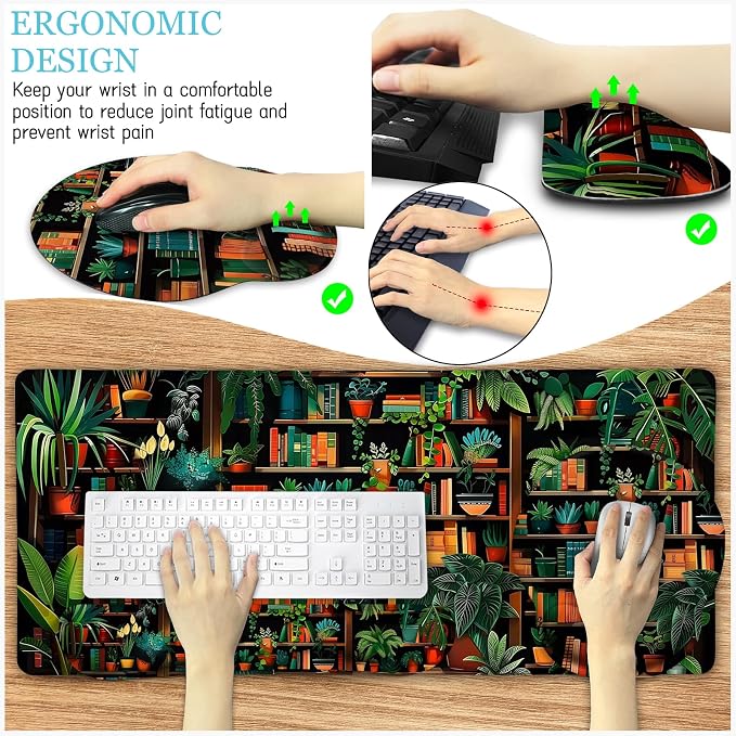 LIMKRIAN Bookshelf Mouse Pad with Wrist Rest, Plant Desk Mat Set Decor | Ergonomic Wrist Rest, Desk Pad, Gaming Computer Mat Keyboard Wrist Support, Coaster, Home Office Desk Accessories for Women