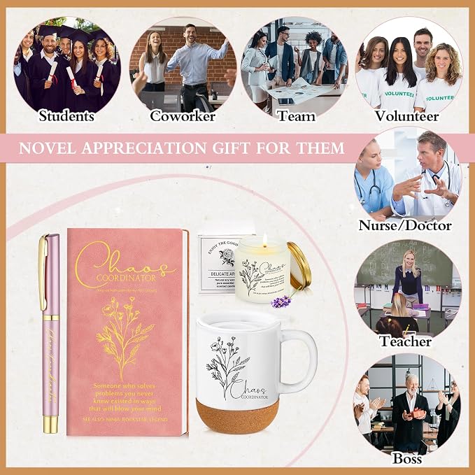 Sayglossy 4 Pcs Pink Chaos Coordinator Gift Set Back to School Gift for Teachers Women Men Notebook Coffee Mug Scented Candle Ballpoint Pen for Teacher Assistant Principal Class School Staff Coworker