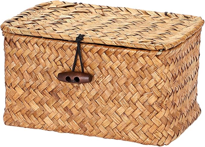 Small Decorative Box Natural Seagrass Box with Lid Small Basket for Organizing Keys Wicker Shelf Baskets for Bathroom Living Room,6.1"L x 4"W x 3.3"H