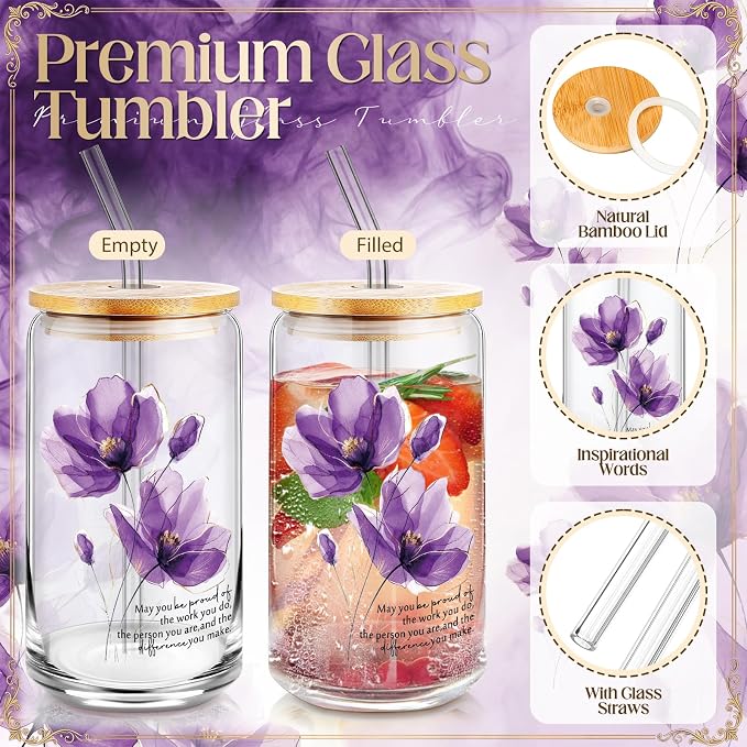 Funnymoom 6 Pcs Appreciation Gifts Set for Women Back to School Teacher Gifts Employee Thank You Gift with 17 oz Glass Tumbler Journal Pens and Pouch for Coworkers Educators,Floral,Purple