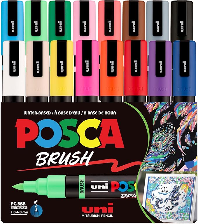 POSCA® PC-5BR Brush Tip Paint Markers, 16 Count Reversible Brush Set | Tip size 1.0–4.0 mm, Water-Based Opaque Paint Pens for Lettering, Calligraphy, Coloring, Crafts & Art Projects