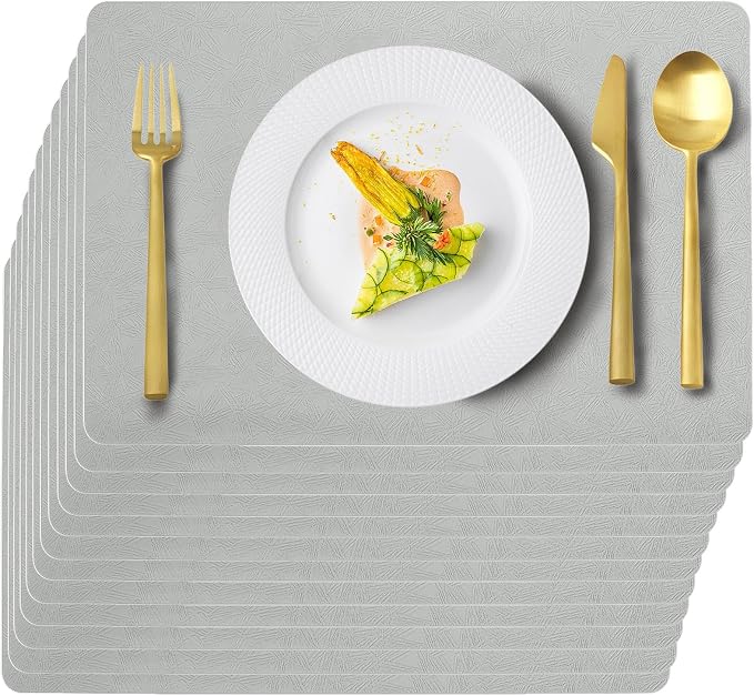 Gray Plastic Placemats Set of 12, Faux Leather Waterproof Table Mats | Light Gray Vinyl placemats,Wipeable and heat resistant table mats.Easy to clean,great for indoor and outdoor