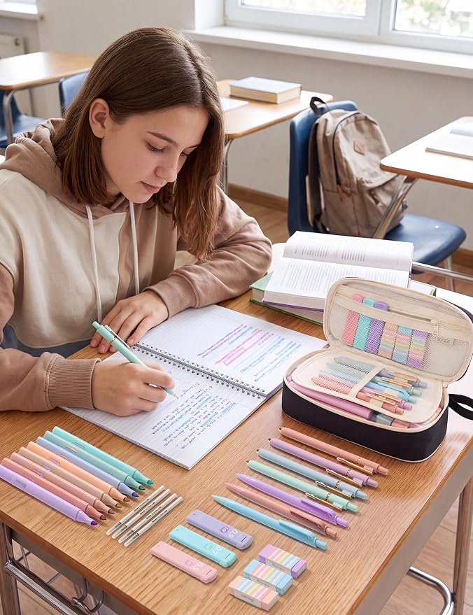 SUNEE 35PCS Aesthetic Stationery Set with Cute Pencil Case, Pastel Highlighters, Black Gel Pens, Mechanical Pencils & Refills, College School Supplies for Students Black