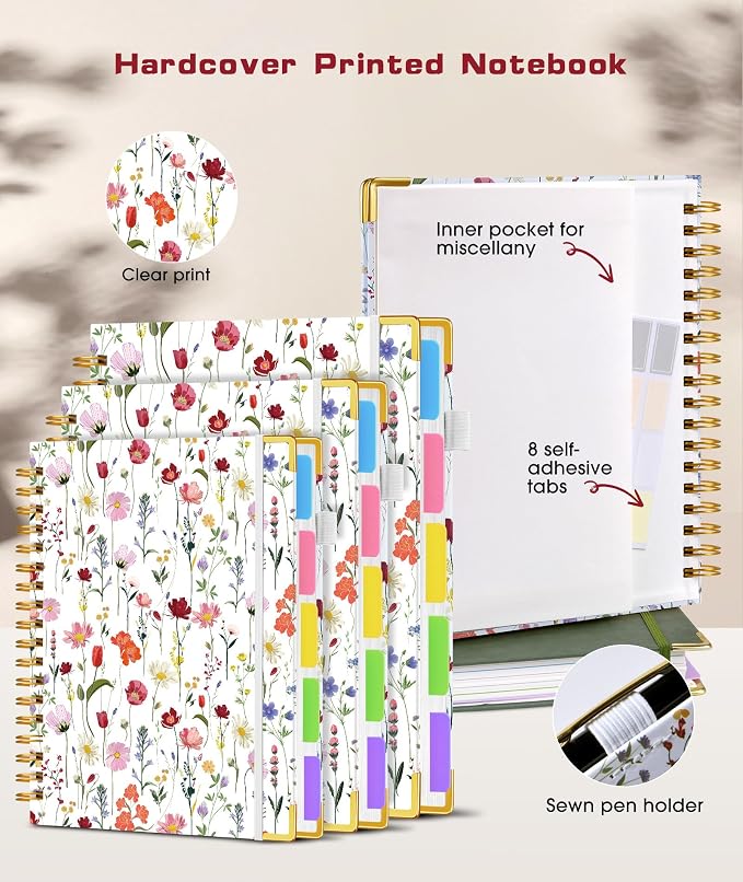 Hardcover Spiral Notebook 8.5"x11" Journal with Removable Dividers Tabs, 300 Pages 5 Subject Notebook College Ruled, Large A4 Notebooks for Work School, Journal for Women, A4 Flower White