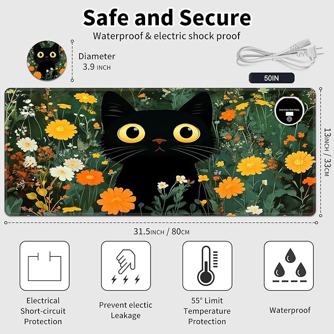 Warm Desk Pad,Heated Desk Pad,Office Mat,3 Heating Levels & 3 Hours Auto Shut-Off,31.5"*13" Gaming Mouse Laptop Keyboard Leather Desk Mat,Cute Cat Floral