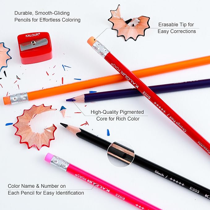 KALOUR 50 Colors Erasable Colored Pencils Set - Easy to Erase, Vibrant and Smooth Coloring Pencils with Erasers - Ideal for Drawing, Sketching, and Coloring Books -Perfect for Adults Beginners Artists