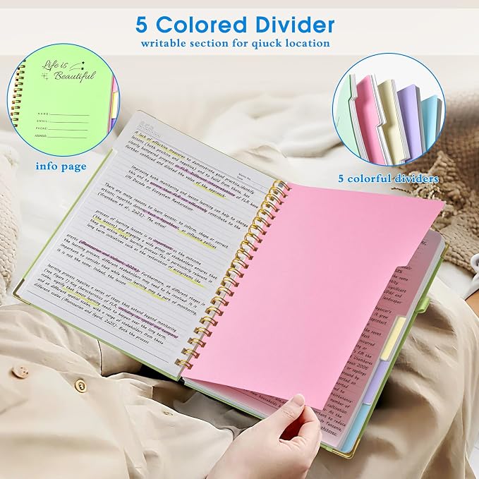 Hardcover Spiral Notebooks for Work, 5 Subject Notebook College Ruled with Dividers Tabs, Lined Organizer Notebook Journal for women, 8"x10" Large B5 Notebooks for School Note taking, 240 Pages Black