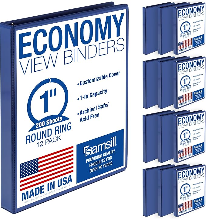 Samsill 1 Inch 3 Ring Binders, Economy Round Ring, Clear View Cover, 200 Sheet Capacity - for School, Home, Office - Blue, 12 Pack