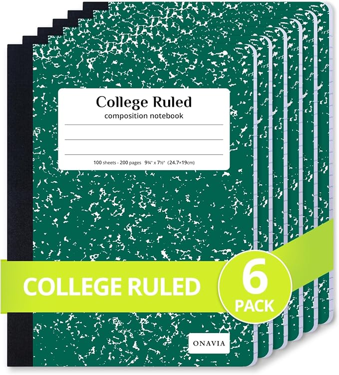 ONAVIA Composition Notebook College Ruled 6 Pack, 200 Pages, Marble Green | 100 ct, 9.75 x 7.5 in, Durable Comp Book, School Notebooks, Students, Note Taking, Writing, Teachers