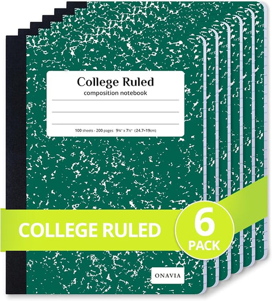 ONAVIA Composition Notebook College Ruled 6 Pack, 200 Pages, Marble Green | 100 ct, 9.75 x 7.5 in, Durable Comp Book, School Notebooks, Students, Note Taking, Writing, Teachers
