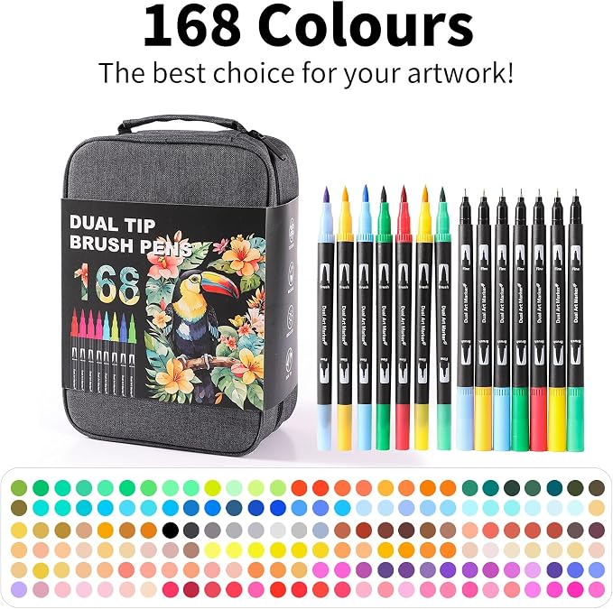 TOSHARE 168 Colors Brush & Fine Dual Tip Watercolor Markers for Adult Coloring Books No Bleeding Paint Pens For Drawing Note Taking Planner Calligraphy Journaling Card Making Back-to-School Supplies