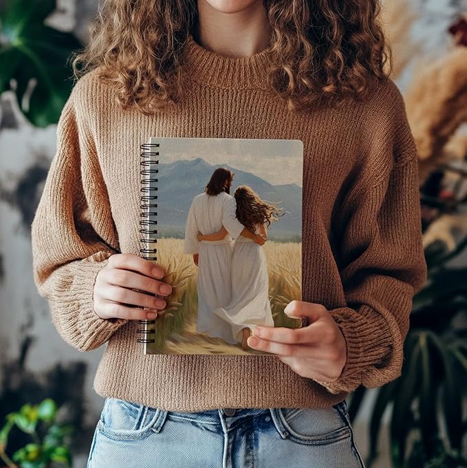 bitCNY Christian Journal Notebook – Jesus Walking with Woman in Wheat Field – Faith Based Spiral Notebook for Women, Spiral Bound 5.5x8.3 Inches