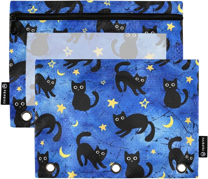 Cat Pencil Pouches for 3 Ring Binder 2 Pack | Binder Pencil Case With Zipper Reinforced GrommetsPencil Bags for Office Organizers