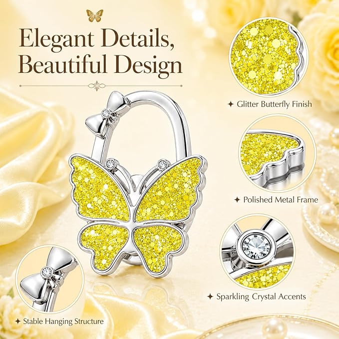 Purse Hook for Table, Foldable Handbag Hanger for Women, Portable Bag Holder with Non-Slip Base, Cute Sequin Yellow Butterfly Purse Table Hook for Restaurant Office Travel Gift