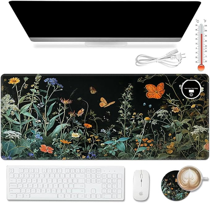 Warm Desk Pad,Heated Desk Pad,Office Mat,3 Heating Levels & 3 Hours Auto Shut-Off,31.5"*13" Gaming Mouse Laptop Keyboard Leather Desk Mat,Floral Plant Butterfly