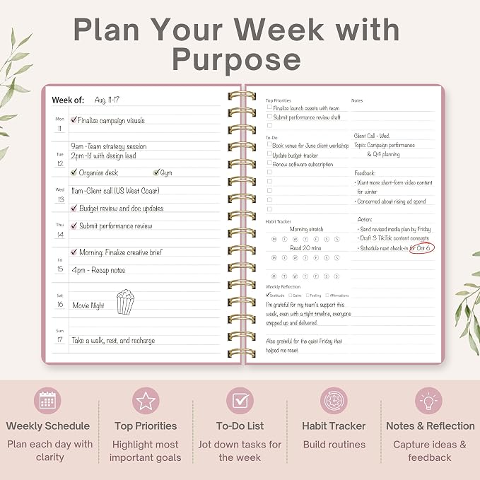 Undated Weekly Planner, A5, Dashboard Layout, Black | Dateless, Top Priorities, To Do List, Habit Tracker, Weekly Notes Space, Weekly Reflection, For Work, School & Life