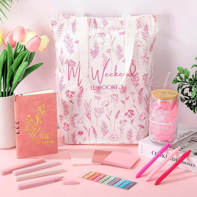 Havawish 14 Pcs Book Lovers Gift for Women 16 oz Glass Cup Tote Bag A6 Journal Notebook Pens Highlighters Sticky Notes Back to School Teacher Librarian Bookish Book Club(Flesh Pink,Aesthetic)