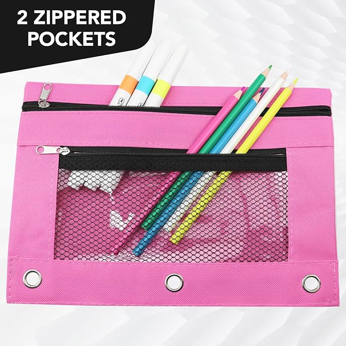 3 Ring Pencil Pouch for Binder, 2-Pocket Zipper Pencil Case with Clear Window & Mesh Pocket, Heavy Duty 600D Oxford Fabric Binder Pouch for School Office Supplies, Fits Standard 3-Ring Binders, Pink