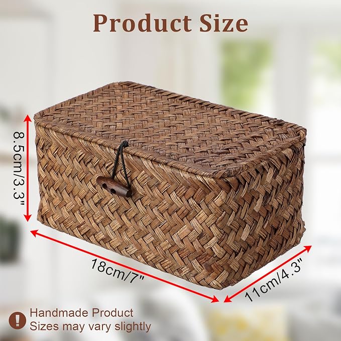 Handwoven Seagrass Basket Wicker Shelf Basket with Lid Rectangular Multipurpose Desktop Organizer Bin for Key Remote Control, Small,7.0" x 4.3" x 3.3"