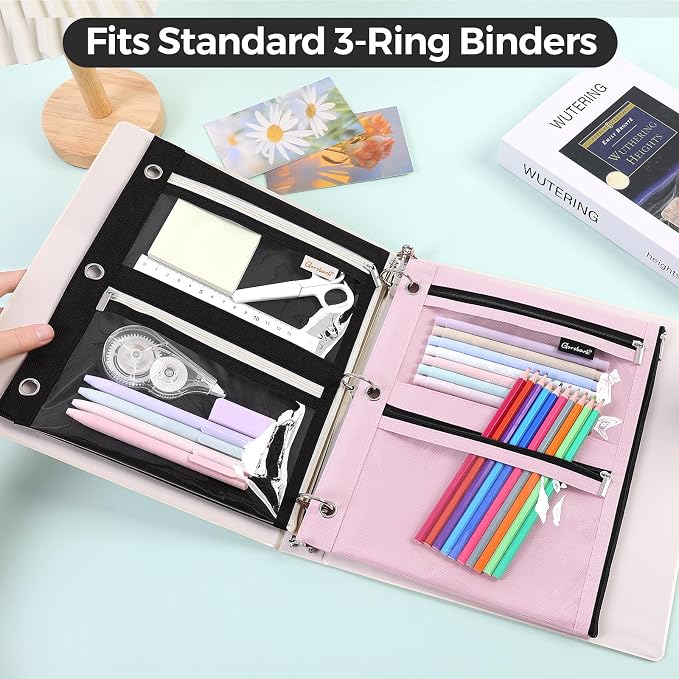 3 Ring Binder Pencil Pouch, 3-Pocket Zipper Pencil Case with Reinforced Grommets & Clear Window, Durable Pen Organizer for School Office Supplies Black