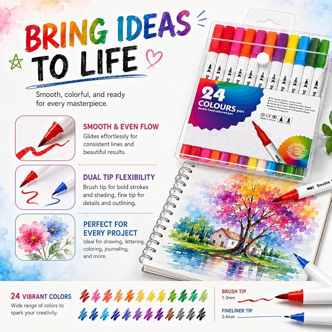 24 Colors Dual Tip Markers, Water Based Art Markers with Brush Tip and Fineliner Tip, Coloring Pens for Drawing, Coloring, Calligraphy, Journaling, Art Supplies for Adults and Kids