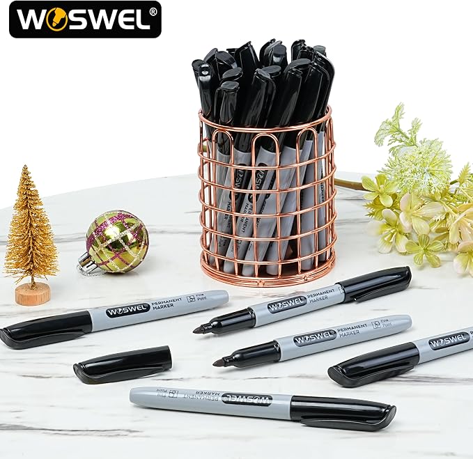 WOSWEL Permanent Markers Bulk, 100 Pack Fine Point Tip Black Permanent Marker Set, Waterproof Markers, Premium Smear Proof Pens, Quick Drying, Office Supplies for School, Office, Home