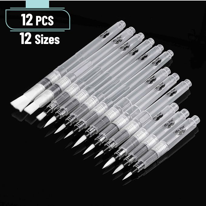 Mr. Pen- Watercolor Brush Pens, 12 pcs | 9 x Point Tips and 3 x Flat Tips Styles, Refillable Watercolor Pens for Acrylic, Gouache Painting, Crayons