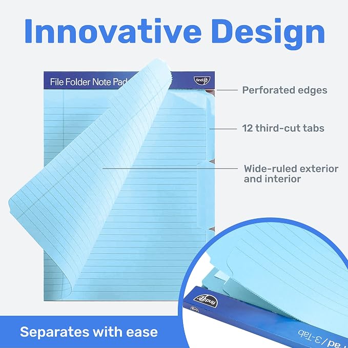 Find It File Folder Notepad - Pack of 12-9.5 x 12.5 Inch Notebook Organizer Folders for Filing, Document, and Clipboard Organization - Blue | Wide-ruled clipboard-style pages, tear-out perforated sheets, great for office, home, and school filing organi...