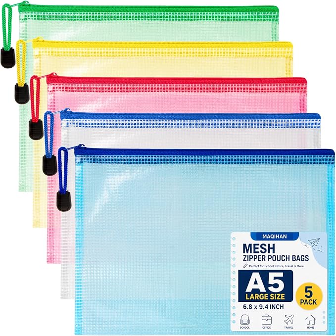 MAQIHAN Mesh Zipper Pouch Bags - A5 Clear Zipper Pouches for Organizing | 5 Pack Reusable Zip Pouch, Clear Mesh Bag for Office, Travel, Puzzles, Cosmetics, Documents, Files, Storage Supplies
