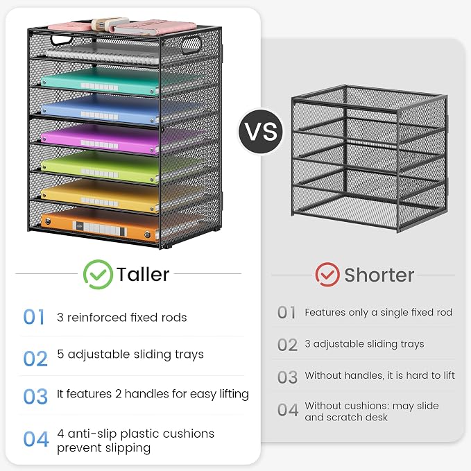 Lavatino 8 Tier Paper Organizer for Desk, Black Mesh Letter Tray File Sorter Organizers with Handles, Including 5 Adjustable Slid Trays for Office School Classroom Supplies Organization and Storage
