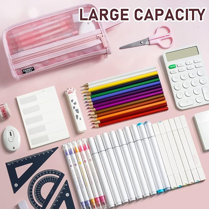 Four Candies Grid Mesh Pencil Case with Handle and Zipper, Clear Double-layer Pencil Pouch Marker Pouch, Travel Makeup Bag, Cute Transparent Stationary Organizer Pen Bag for Adult Office College