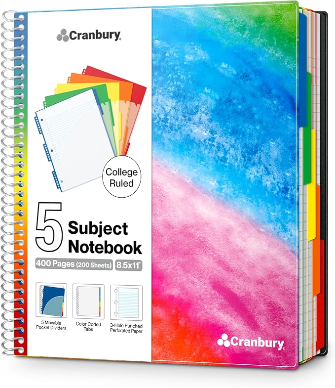 CRANBURY 5-Subject Notebook College Ruled, Movable Pocket Dividers with Tabs, 200 Sheets (400 Pages) 8.5x11 Paper, Colorful Spiral Notebook, Protective Plastic Covers, Multi Subject