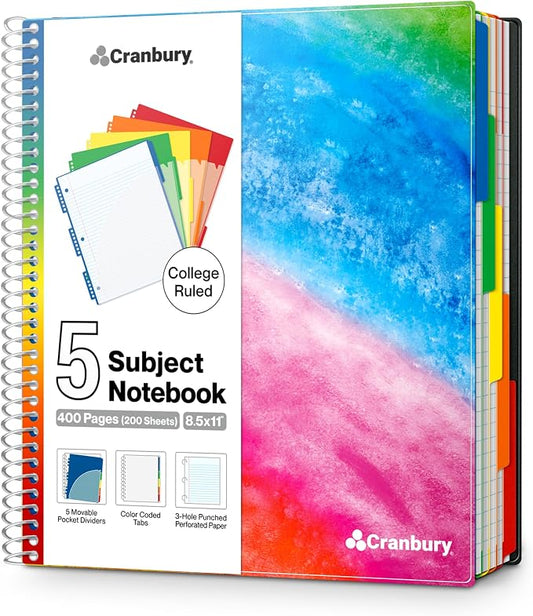 CRANBURY 5-Subject Notebook College Ruled, Movable Pocket Dividers with Tabs, 200 Sheets (400 Pages) 8.5x11 Paper, Colorful Spiral Notebook, Protective Plastic Covers, Multi Subject