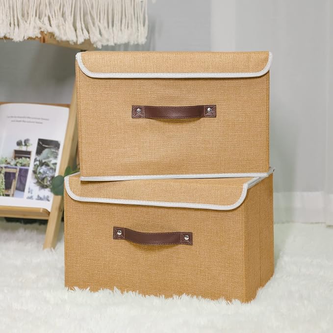 ANMINY 4PCS Storage Bin with Lid Storage Boxes with PU Leather Handles PP Plastic Board Decorative Foldable Lidded Cotton Linen Fabric Home Cubes Baskets Closet Organizer Container - Khaki, Medium