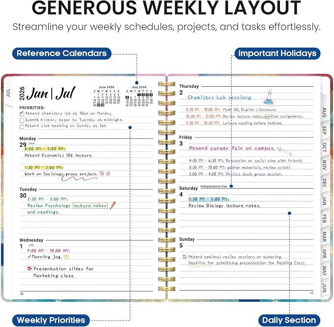 Planner 2026-2027, Academic Year Monthly and Weekly Calendar Planner, Jul 2026 - Jun 2027, Hardcover Teacher Student Planning Agenda book with Tabs, Perfect for School Office Supplies, 8.5" x 11" - Color Splash