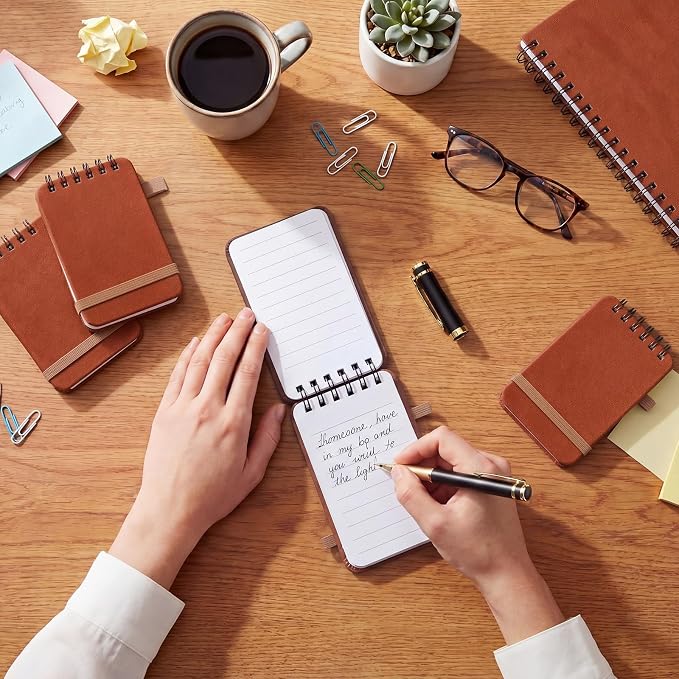 Qeeenar 4 Pack Small Pocket Notebook 2.5 x 4 Inch, Brown Leather Hardcover Top Spiral Mini Journal with Elastic Band, 50 Sheets Tiny Memo Pad for Travel Purse Work Daily Notes