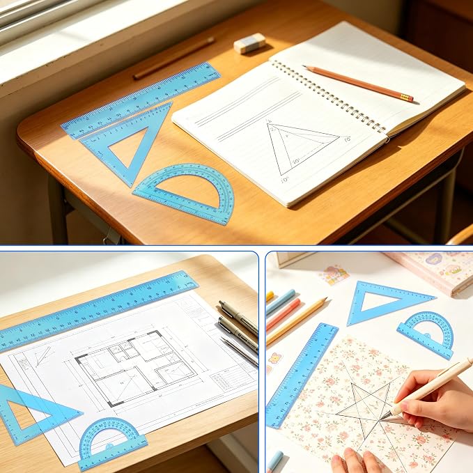 Plastic Clear Ruler Math Set - 6'' 12'' Transparent Straight Ruler, 4'' 6'' Protractor, 30/60 & 45/90 Triangle Ruler,Geometry Math Measuring Tool for School Office Drawing Teachers Kids Supplies Blue