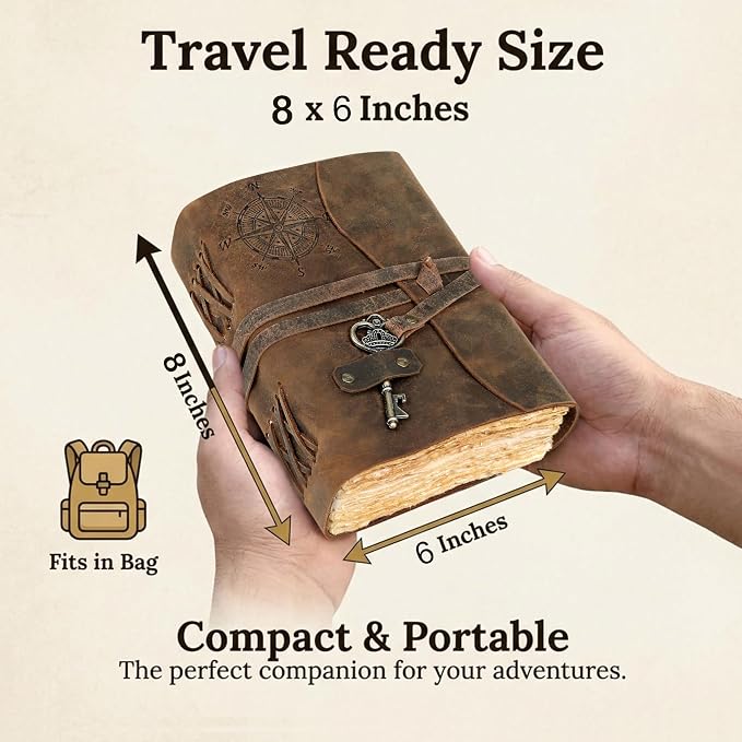 cuero Compass Vintage Leather Journal Antique Handmade Bound Journal with Deckle Edge Paper Diary Leather Sketchbook Drawing Journal Notebook Great Gift Men & Women (6X8 Inch)