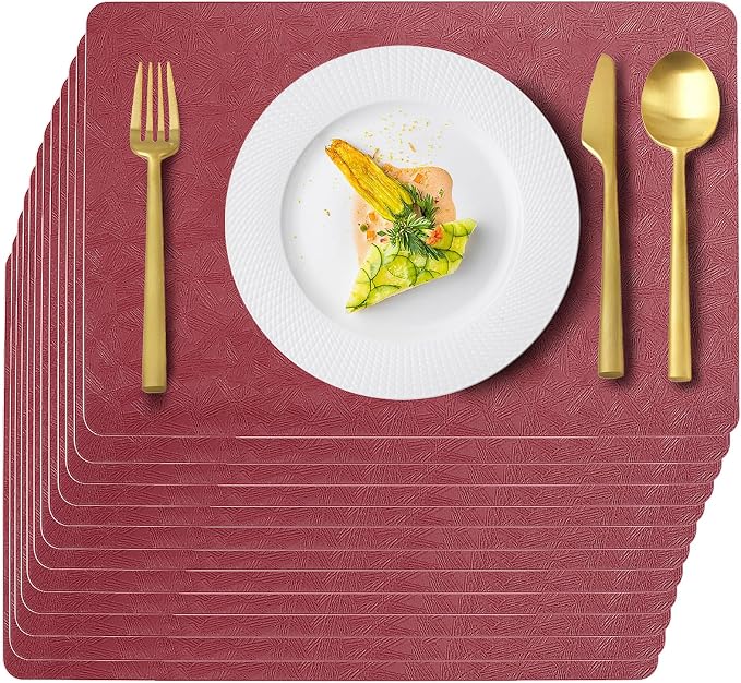 Red Plastic Placemats Set of 12, Faux Leather Waterproof Table Mats | Red Vinyl placemats,Wipeable and heat resistant table mats.Easy to clean,great for indoor and outdoor