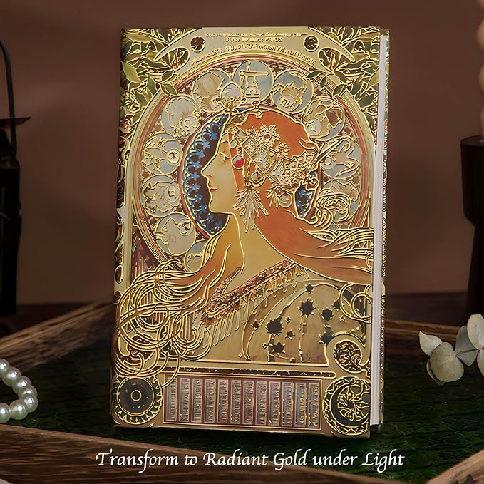 Exclusive Personal Journal for Women, Gilded Hardcover Notebook, 256 Full Color Pages, 5x7 Small Fancy Notebook, Alphonse Mucha Zodiac, Unique Gift for Her Diary.