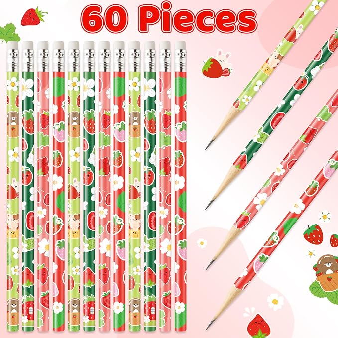 Xqumoi 60Pcs Strawberry Pencils with Eraser - Cute Fruit Theme #2 HB Pencils, School Classroom Student Rewards Back to School Office Supply Party Goodie Bag Fillers Stuffers Birthday Party Favors