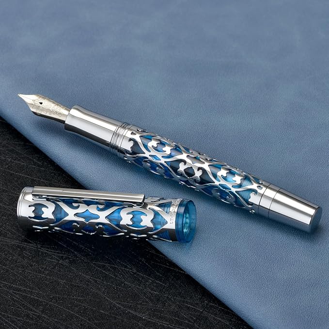 HONG DIAN D1 Piston Fountain Pen Fine Soft Nib, Silver Blue Hollow Skeleton & Resin Pen with Metal Case Set